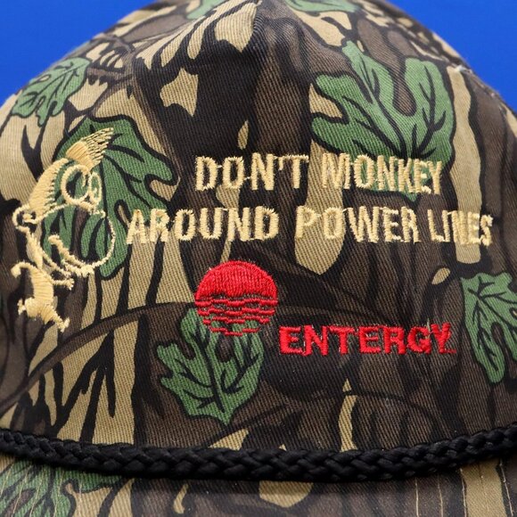 Entergy Camo Rope Hat "Don't Monkey Around Power Lines" Vtg Snapback Cobra Caps - Picture 2 of 7